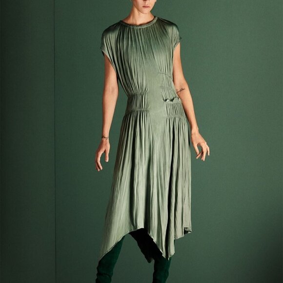 NWT ZARA Green New Midi Asymmetric Wrinkle Look Cocktail Dress SMALL - Picture 1 of 6